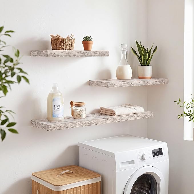 RICHFOCUS 28Inch Floating Shelves for Wall 2 Pack Shelves for Bedroom|Kitchen|Bathroom|Laundry Room Rustic Wood Wall Mounted Shelf with Invisible Brackets for Books|Storage|Decor, Rustic White