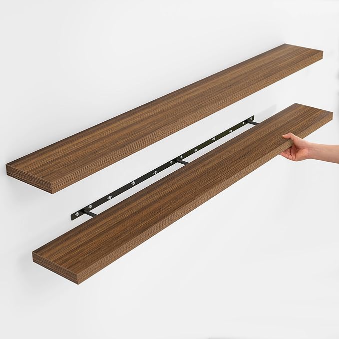 Fun Memories Rustic Wood Floating Shelves for Wall, Space-Saving Wall Mounted Shelves for Bathroom, Bedroom, Living Room and Kitchen, Stylish Storage & Display (Set of 2, Walnut, 72 in)