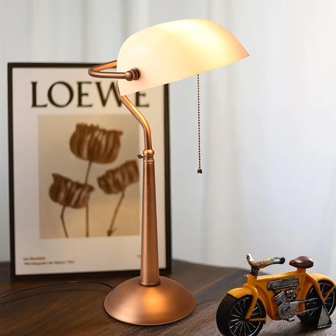 COSYLUX Tall Bankers Lamp, Vintage Sleek Glass Shade Table Lamp with Pull Switch, Antique Bronze Metal Bankers Desk Lamp for Office, Study Room, End Table, Bedside (White)