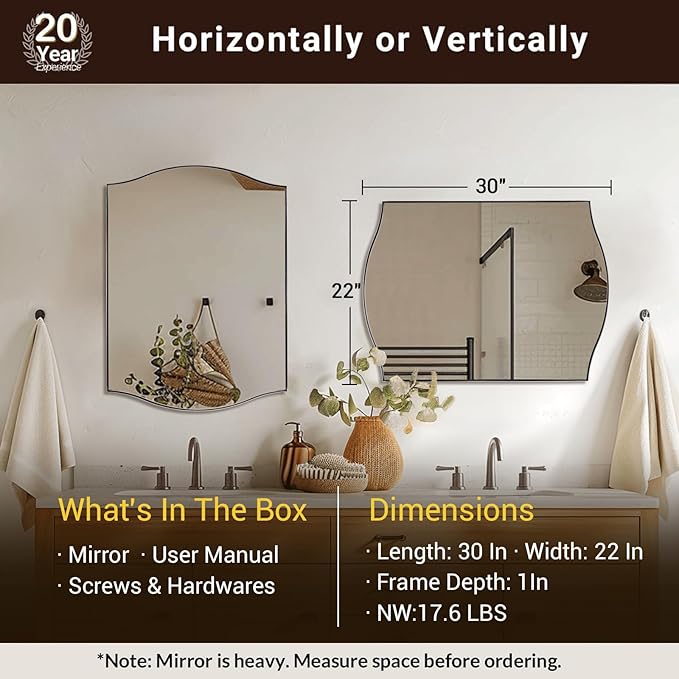 ANDY STAR Polished Chrome Bathroom Mirror, 22"x30" Scalloped Wall Mirror in Stainless Steel Metal Frame, Unique Vanity Mirror with Modern Curved Edge Design, Ideal for Bathroom, Bedroom, Entryway