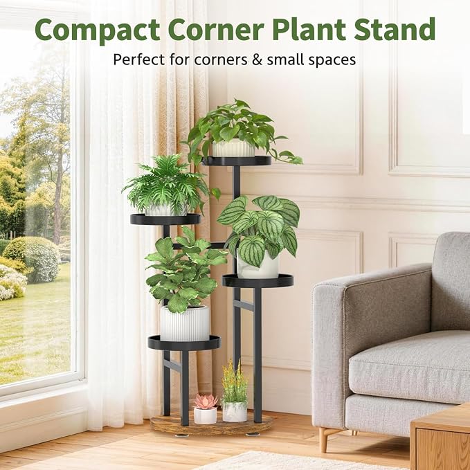 LASZOLA 4 Tier Metal Plant Stand for Indoor Corner, Heavy Duty Wooden Flower Holder Rack for Mutiple Plants, Planter Display Shelf for Patio Garden Balcony Living Room, Black