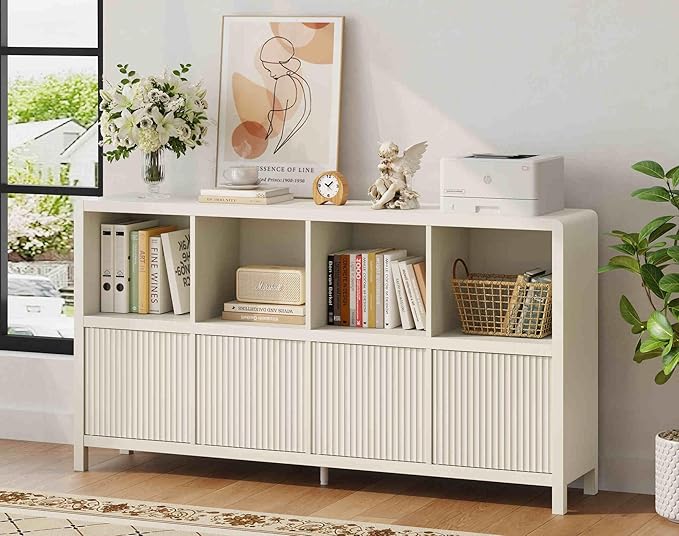 FATORRI Bookcase 8 Cube Storage Organizer, Horizontal Bookshelf with 4 Doors, Long Wooden Book Shelf for Home Office, Bedroom, Entryway (Antique White)