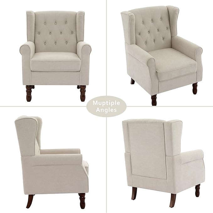 Accent Chair, High Back Upholstered Chair with Button Tufted, Mid-Century Modern Comfy Wingback Chair Reading Armchair in Fabric for Living Room for Bedroom, Office-Beige