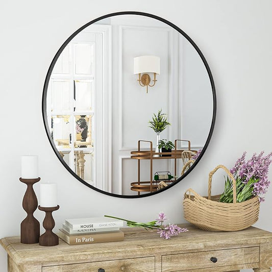 HARRITPURE Round Mirror 15.7" Black Wall Mounted Circle Mirror with Aluminum Alloy Frame Modern Design for Bathroom, Living Room, Vanity, Bedroom, Entryway
