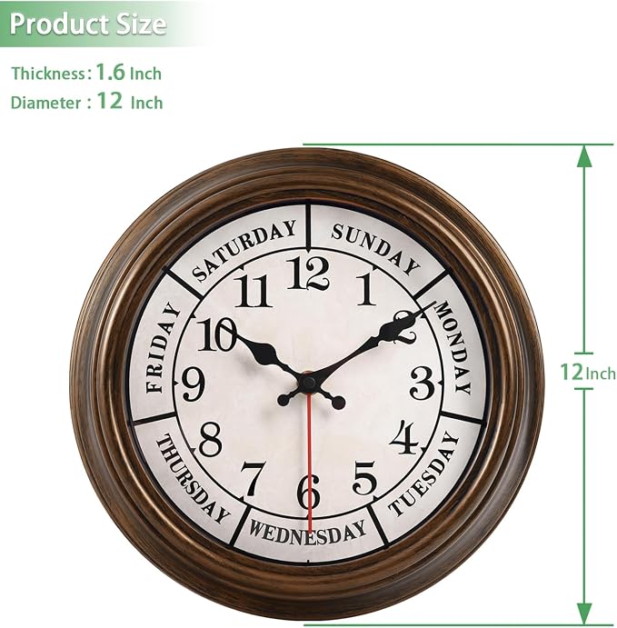 45MinST 12 Inches Retro Wall Clock,Day of The Week Wall Clock,Calendar Day Clock,Silent Non Ticking Battery Operated Movement(Bronze)