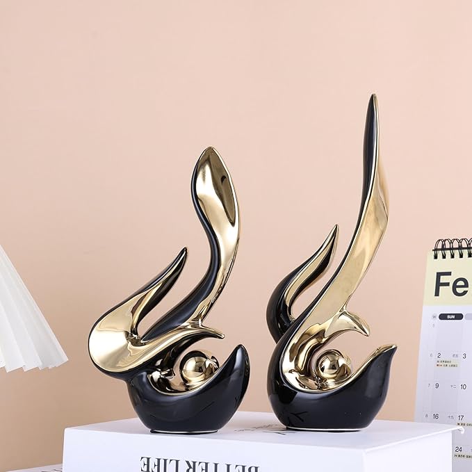 XMGZQ Mid Century Modern Abstract Art Home Decor Accent,Porcelain Statues for Living Room Coffee Table Centerpieces for Dining Room,Ceramic Sculptures and Gold Knick Knacks for TV Stand Decor (Black)