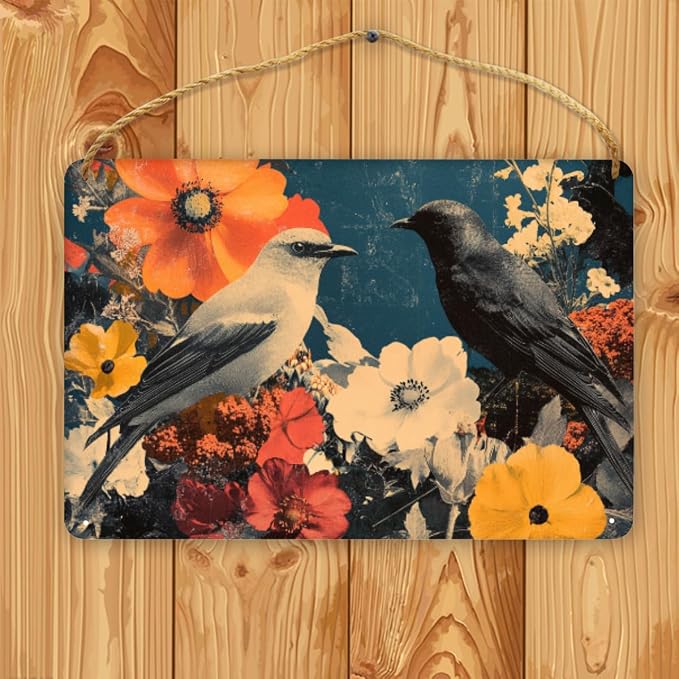 Black Bird in Red & White Flower Collage Wooden Sign 12x8 Inch - Eclectic Office Decor for Retro Lovers - Great Gift for Bold Home Accent Admirers