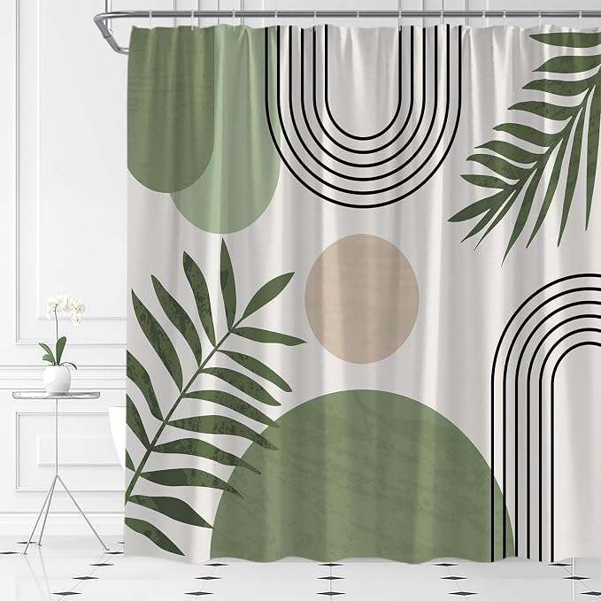 Mid Century Modern Shower Curtain Boho Sage Green Abstract Retro Aesthetic Fabric for Bathroom Decor Bathtub with Hooks (59" WX70 H)