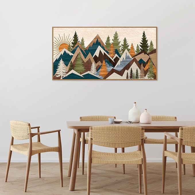 Tinonedraw Large Mountain Framed Canvas Wall Art, Boho Rustic Sunrise Forest Wall Decor, Vintage Woodsy Nature Art Painting, Modern Wilderness Trees Art Print for Living Room Bedroom Office 20"x40"