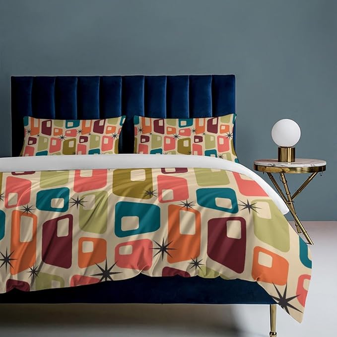 Mid Century Duvet Cover Sets Aesthetic Abstract Geometric Mid Century Retro Printed Lightweight Soft Quilt Cover Minimalist Soft Microfiber 3 Piece (1 Duvet Cover 90x90in + 2 Pillow Sham 20x30in)
