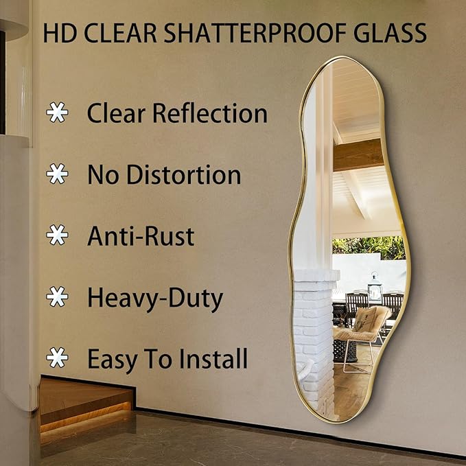 Irregular Mirror Full Length, 63"x22.5" Asymmetrical Wall Mirrors with Gold Metal Frame, Large Modern Abstract Unique Shaped Mirror for Living Room Bathroom Bedroom Hallway Entryway