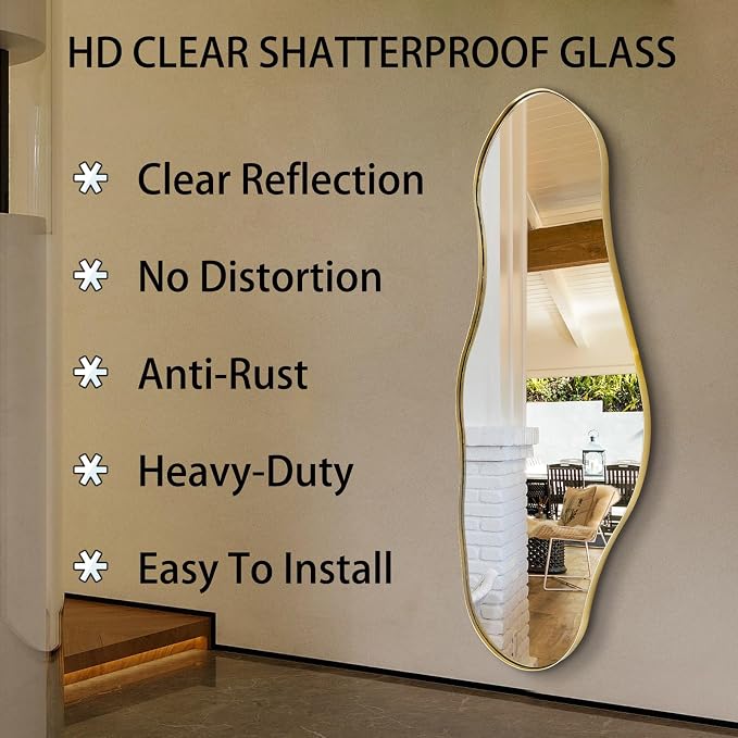 Large Irregular Wall Mirror, 55"x22" Asymmetrical Decorative Accent Mirror with Gold Metal Frame, Organic Shape Mirrors for Entryway Bedroom Living Room, Horizontal or Vertical Hanging