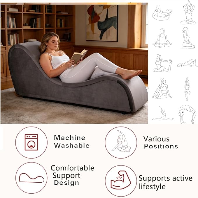 Grey Ergonomic Curved Chaise Lounge Chair for Relaxing, Sofa Bench with Heavy-Duty Metal Frame & Removable Velvet Cover