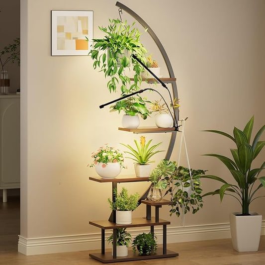 GREENSTELL Plant Stand Indoor with Grow Light, 7-Tiered Tall Metal Plant Stand for Indoor Plants, Half-Moon Shape Display Shelf for Home,Living Room, Patio, Dark Brown (1 Pack)