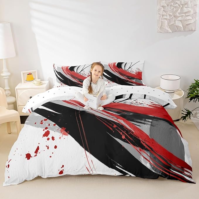 Erosebridal Black and Red Bedding Set King | Modern Geometric Striped Duvet Cover for Boys Girls Contemporary Watercolor Graffiti Bed Set Boho Minimalist Aesthetic Art Bed Cover 3 Pieces