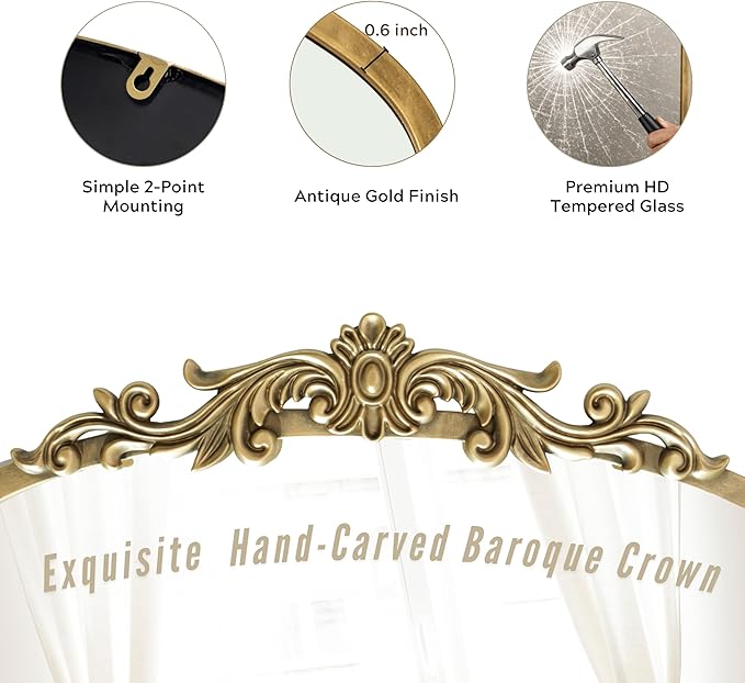 PERFNIQUE Vintage Mirror, 36" X 30" Arched Antique Baroque Mirror, Gold Traditional Wall Decor, Ornate Decor Anthro Look Alike Decor for Bathroom Living Room Fireplace Entryway Hallway