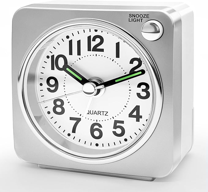 Lamisola Minimalist Battery Analog Travel Alarm Clock, Silver Table Desk Shelf Clocks for Bedrooms, Small Beside Clock, Ascending Alarm, Maximalist Decor, Silver
