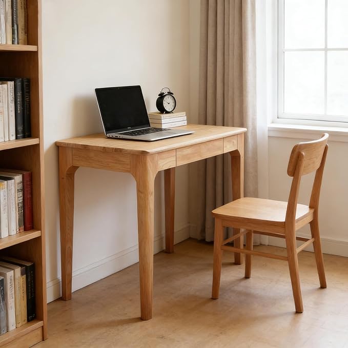 Solid Wooden Desk with Drawers, Small Writing Desk with Drawers for Computer, PC Desk for Work, Study or Gaming, Easy to Assemble (Natural, 31.5IN)