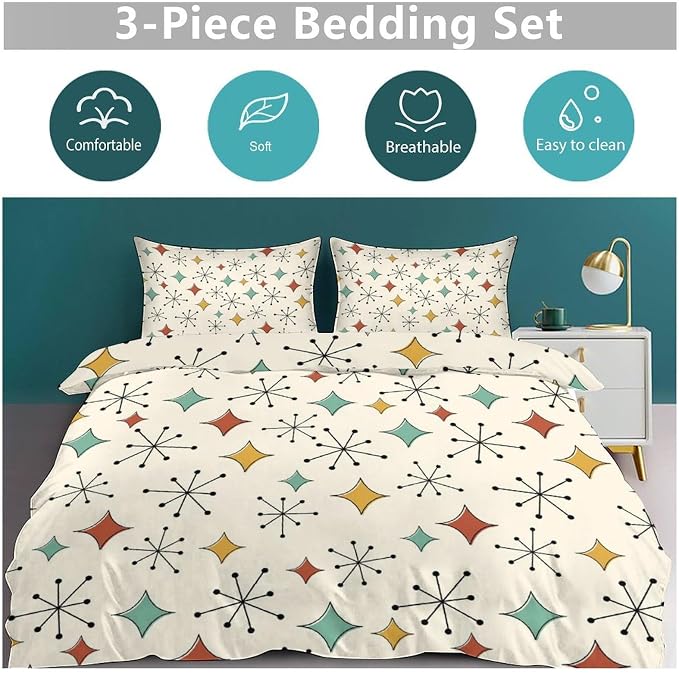 Modern Geometric Bedding Set,1950s 1960s Mid Century Vintage Abstract Atomic Stars Geometric Diamond Pattern Comforter Set with Pillowcase for Bedroom Bed Decor,Queen 90"x90"