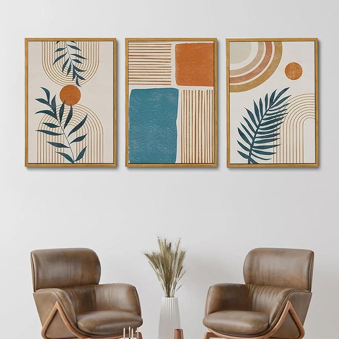 Bwodke Boho Wall Art, Framed Abstract Wall Art, Botanical Neutral Canvas Wall Decor, Large Mid Century Plant Pictures Set of 3, Modern Minimalist Paintings for Bedroom Living Room Bathroom