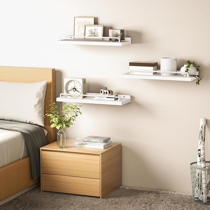 Floating Shelves for Wall Decor, White Shelves for Bathroom, Living Room, Bedroom, Picture Frames, Plants, Kitchen (Set of 3)