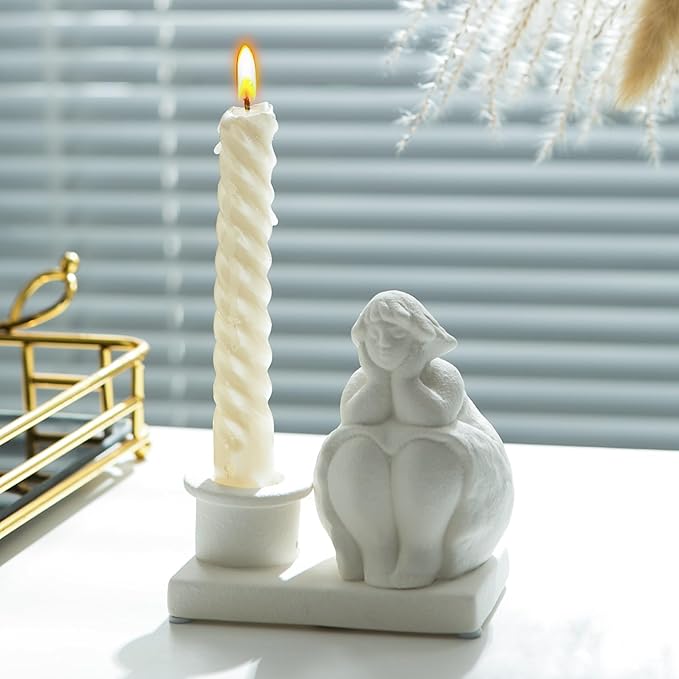 White Candle Holder, Handmade Ceramic Girl Candlestick Holders, Taper Candlelight Stand for Home Decor, Table Centerpiece and Coffee Table Decor