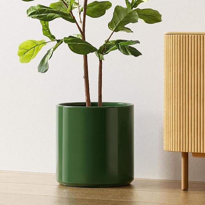 LE TAUCI 12 Inch Pot for Plants, Ceramic Planters for Indoor Plants, Mid-Century Modern Cylinder Flower Pots with Drainage Hole, Fits Fiddle Leaf Fig & Monstera, Home Decor, Bamboo Green