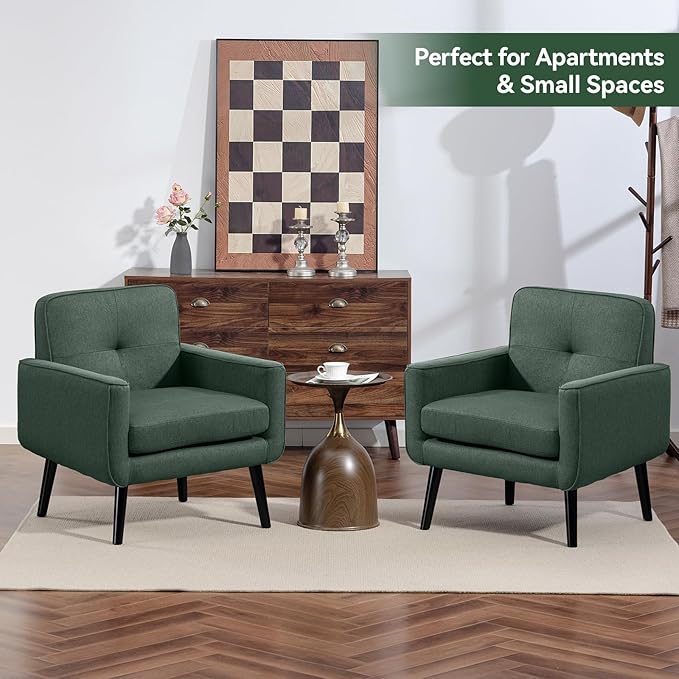 Vogue Furniture Direct Accent Chair Set of 2, Fabric Modern Chair with Wooden Frame, Cozy Armchair Reading Chair with Comfy Back for Apartment, Living Room, Bedroom, Small Space, Corner, Green