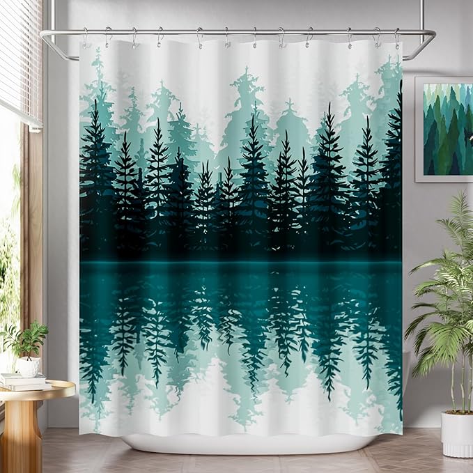 AmazerBath Shower Curtain Green, Washable Cloth Sage Green Shower Curtain Sets with 12 Metal Shower Curtain Hooks, Luxury Waterproof Rustic Fabric Shower Curtains for Bathroom Decor, 72x72 Inches