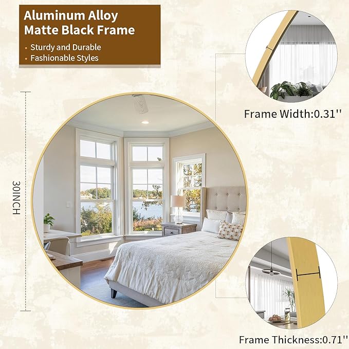 Round Mirror Wall Mounted Mirror - 30" Circle Mirror Bathroom Vanity Mirror with Aluminum Frame for Bedroom Living Room, Entryway Decor Gold Mirror