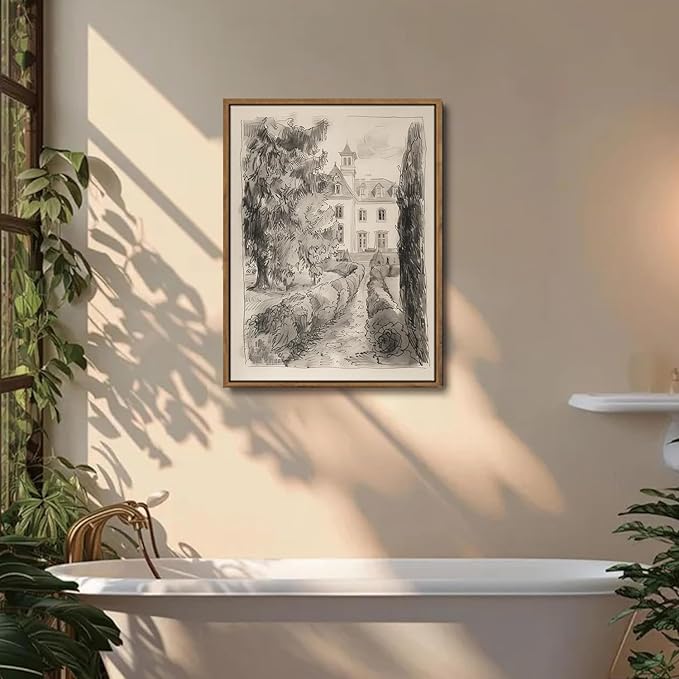 WALLZK Vintage Framed Wall Art French Country Sketch Canvas Prints Neutral Landscape Cottagecore Decor Pictures Artwork for Walls Living Room Bedroom Bathroom 16"x24"