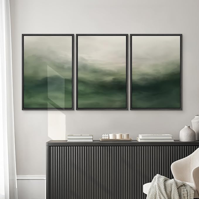 SIGNWIN Framed Canvas Print Wall Art Set Abstract Green Misty Landscape Illustrations Modern Art Decorative Boho Relax/Zen Nordic for Living Room, Bedroom, Office - 16"x24"x3 Black