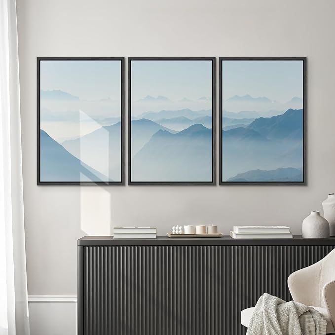 SIGNWIN 3 Piece Framed Canvas Wall Art Blue Sunset Canvas Prints Home Artwork Decoration for Living Room,Bedroom - 16"x24"x3 Black