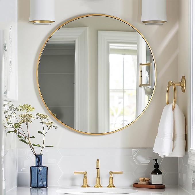 Sunniry Gold Round Mirror, 24 inch Circle Mirror, Gold Brushed Metal Frame Bathroom Mirrors, Round Wall Mounted Mirrors for Bathroom, Hallway, Living Room, Bedroom.