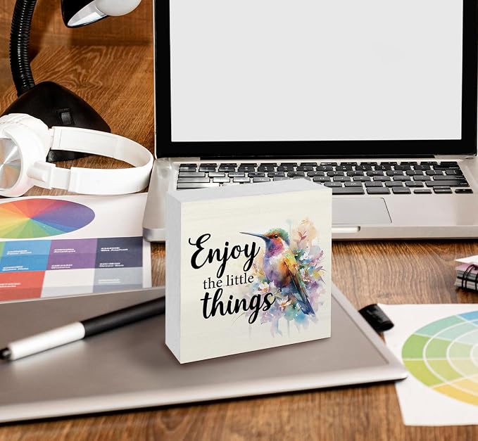 Hummingbird Decor - Hummingbird Gifts For Women, Inspirational Wooden Box Signs, Enjoy The Little Things Motivational Wood Decoration Home Decor For Desk Table Shelf 5x5 Inch