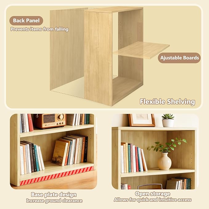 CTESNE【2026 Adjustable Shelves 3-Tier Bookcase, 71 inches, Wooden Open Display Floor Bookshelf (Oak Color)