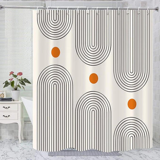 Boho Mid Century Shower Curtain, 60Wx72H Minimalist Abstract Arch Sun Modern Washable Waterproof Polyster Stall Size for Bathroom with Hooks