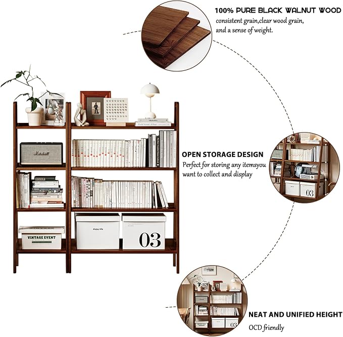 100% Solid Oak 4 Tier Ladder Shelf for Saving Space, Small Bookshelf with Stable Frame, Free Standing Ladder Shelves for Living Room Bedroom Couch(Walnut,17.32" D x 16.53" W x 53.54" H)