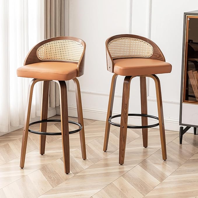 30" Swivel Rattan Bar Stools Set of 2,Mid-Century Modern Orange Faux Leather Upholstered Bar Height Stools,Kitchen Island Barstool with Rattan Low Backrest,Walnut Wood Finish Bar Chairs