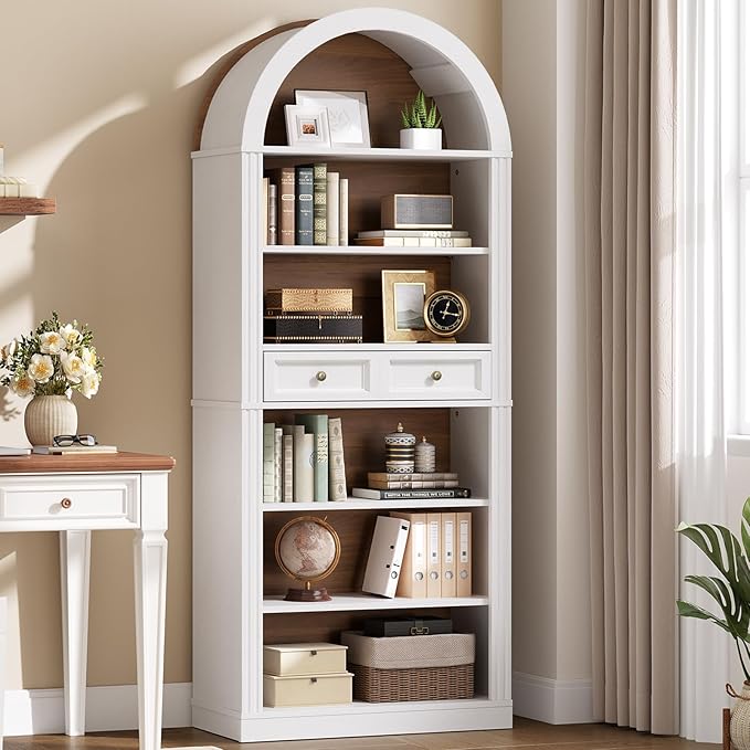RALGEND Arched Bookshelf Set of 2, 73" Tall Arch Bookcase with Drawer, 6-Tier Farmhouse Book Shelf, Wooden Bookshelf with Open Display Shelves for Living Room, Office, Walnut and White