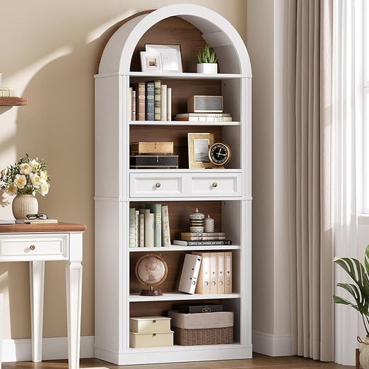 RALGEND Arched Bookshelf, 73" Tall Arch Bookcase with Drawer, 6-Tier Farmhouse Book Shelf, Wooden Bookshelf with Open Display Shelves for Living Room, Office, Adjustable Shelf, Walnut and White