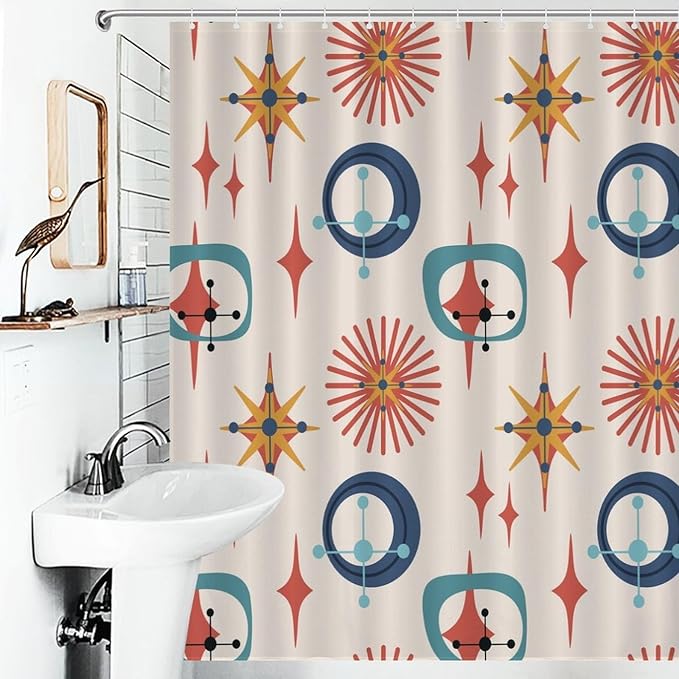 Retro 50s Shower Curtain Mid Century Modern Geometric Stars Colors Pattern Duty Fabric Shower Curtains Set Bathroom Polyester Waterproof with 12 Hooks, 55x72Inch（140x183cm）