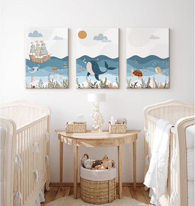 Ocean Nursery Wall Art Pictures Blue Nautical Canvas Art Beach Animal Wall Decor Baby Boys Room Wall Art Sea Whale Prints Ocean Nautical Poster for Nursery Baby Room 16x24 Inch Set of 3 Framed