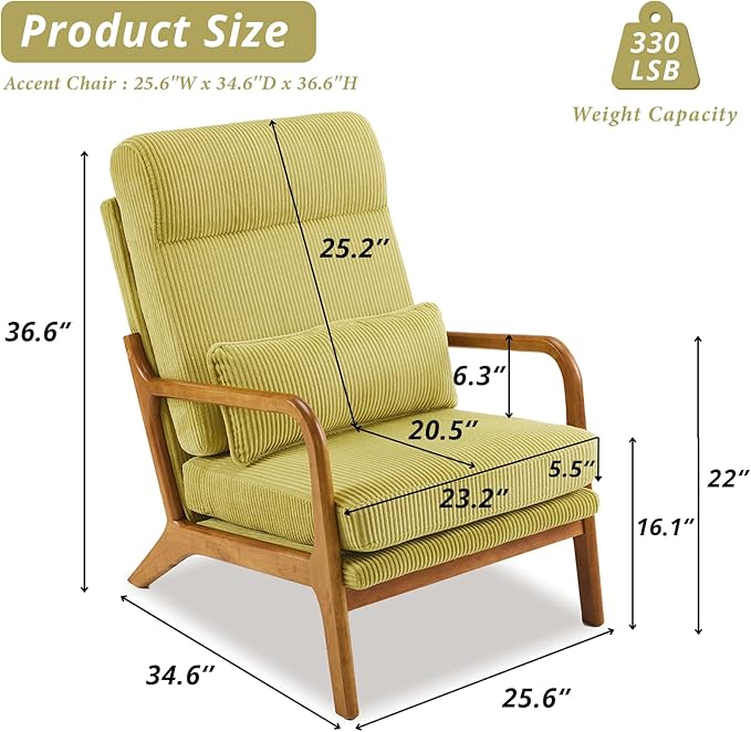 Karl home Mid-Century Modern Accent Chair, Living Room Chairs with Pillow High Back Corduroy Upholstered Lounge Armchair with Solid Wood Frame & Soft Cushion for Bedroom, Reading Room, Green