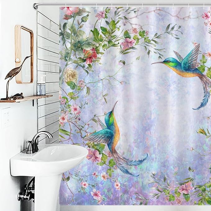 Hummingbird Flower Shower Curtain for Girls,Purple Watercolor Floral Bird Nature Plant Waterproof Shower Curtains for Bathroom Decor 12 Pack Hooks 66x72in（168x183cm）