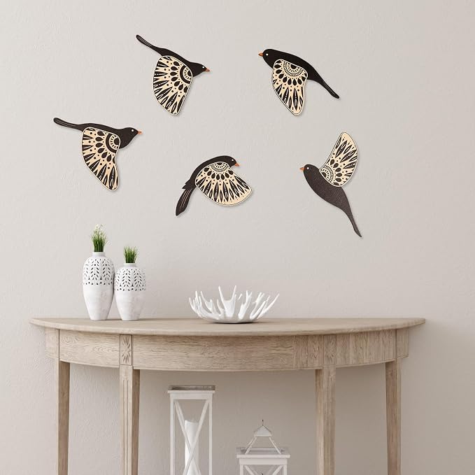 flangairy Bird Wall Decor, 5 Pcs Wooden Birds Wall Art, Rustic Folk Art for Home Office Kitchen Bathroom Living Room Bedroom Boho Decor(Black)