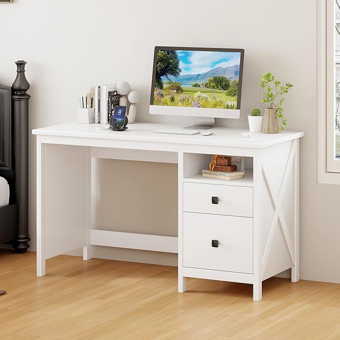 BHG Farmhouse 47" Executive Desk,Modern White Computer Desk with Storage Drawers for Home Office, Makeup Vanity Desk Dressing Table for Bedroom,Filing Cabinet Writing Table PC Desks for Study
