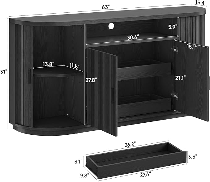 63" Sideboard Buffet Cabinet with Storage, Modern Fluted Accent Credenza with Sliding Doors, Drawers and Adjustable Shelves, Wood Coffee Bar Console Table for Kitchen, Living Room, Enrtyway (Black)