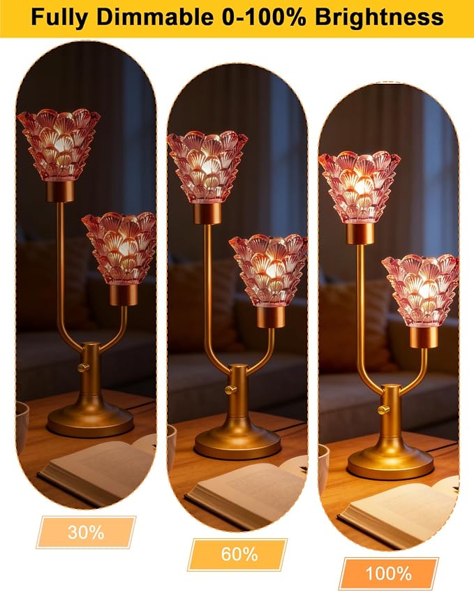 Lightdot Mid Century Modern Table Lamp for Living Room Dimmable Vintage Gold Desk Lamp Red Glass Nightstand Lamp 2 Bulbs Included Warmwhite Ambient Bedside Lamps for Bedroom Home Office Decor Gift