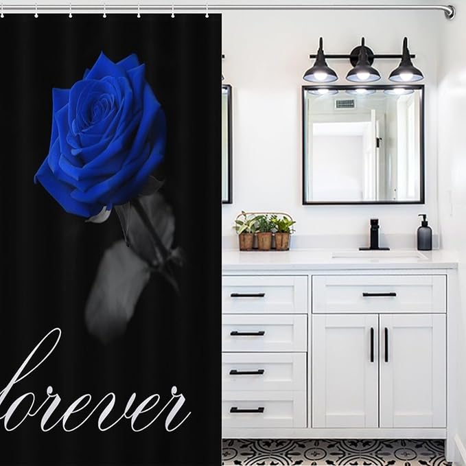 Blue Rose Flower Shower Curtain Vintage Valentine's Day Love Forever Rose Floral Modern Waterproof Shower Curtains for Bathroom Decor 12 Pack Hooks 66x72in（168x183cm）